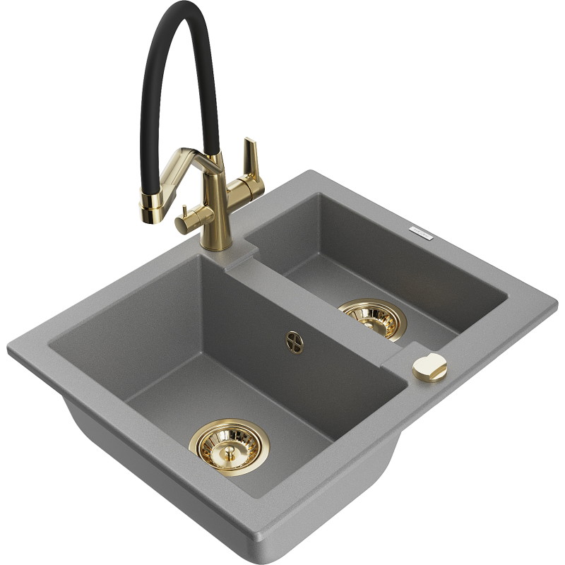 Mexen Carlos granite kitchen sink 1.5-bowl with Duo kitchen faucet, gray - 6518-71-671701-57-G