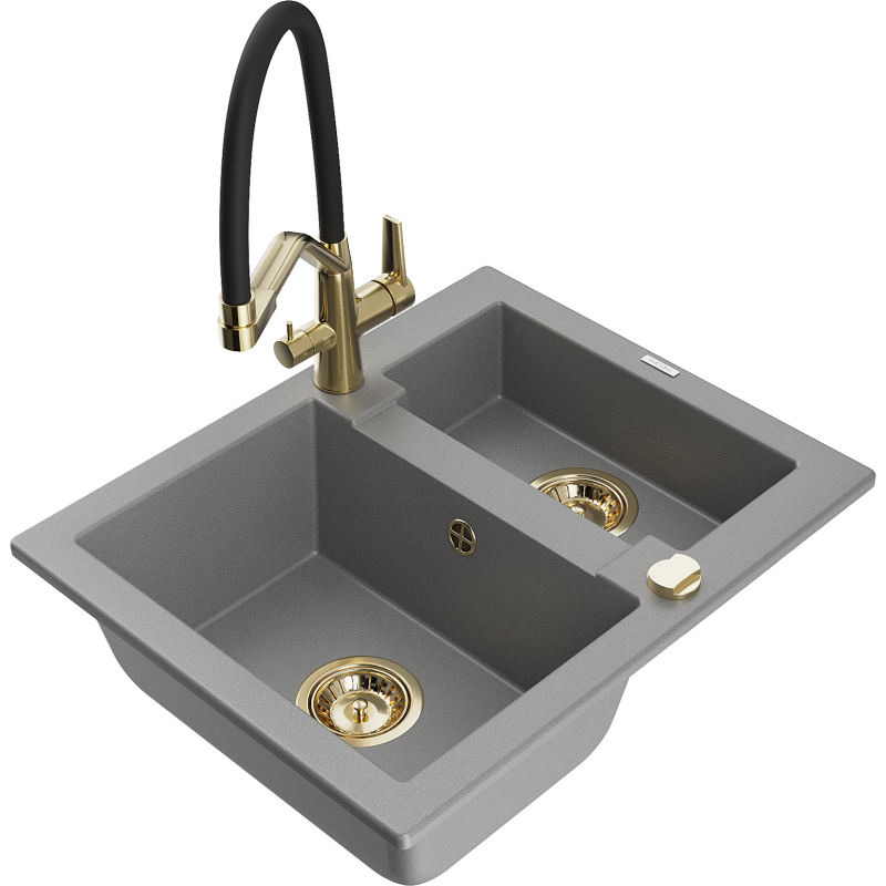 Mexen Carlos granite sink 1.5-bowl with Duo kitchen tap, grey - 6518-71-671701-57-G