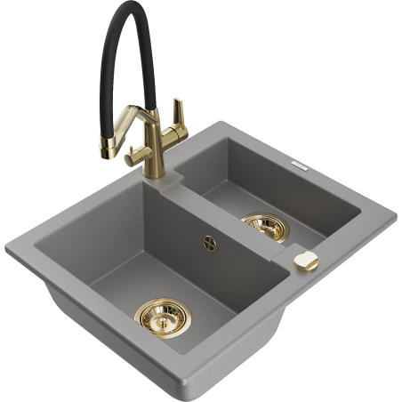Mexen Carlos 1.5-compartment granite sink with a kitchen mixer tap Duo, grey - 6518-71-671701-57-G