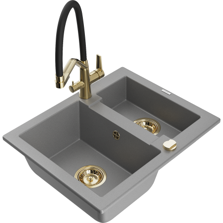 Mexen Carlos granite sink 1.5-bowl with Duo kitchen tap, grey - 6518-71-671701-57-G
