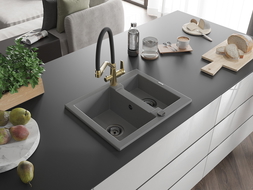 Mexen Carlos 1.5-compartment granite sink with a kitchen mixer tap Duo, grey - 6518-71-671701-57-B