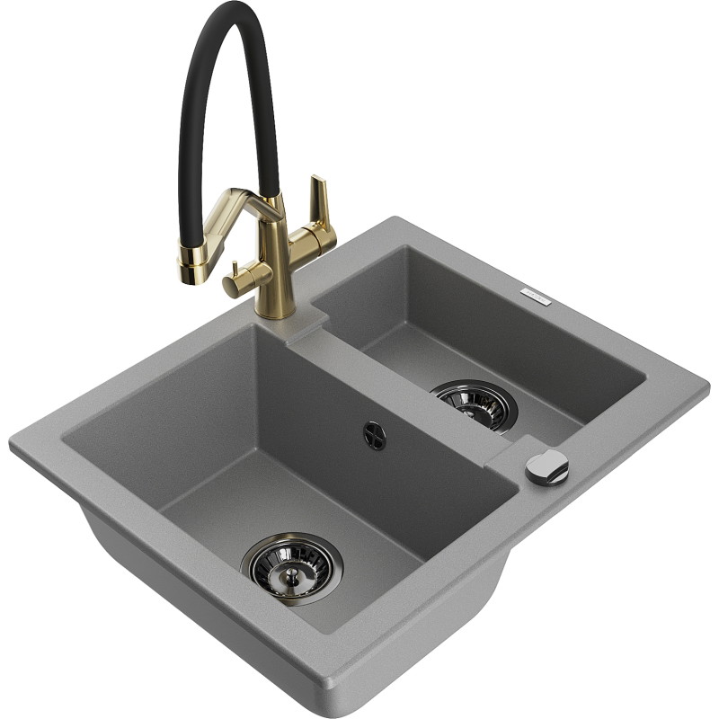 Mexen Carlos 1.5-Bowl Granite Sink with Duo Kitchen Faucet, Gray - 6518-71-671701-57-B