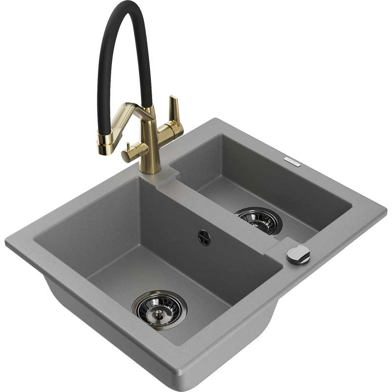 Mexen Carlos 1.5-compartment granite sink with a kitchen mixer tap Duo, grey - 6518-71-671701-57-B