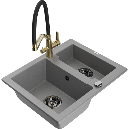 Mexen Carlos granite sink 1.5-bowl with Duo kitchen tap, grey - 6518-71-671701-57-B