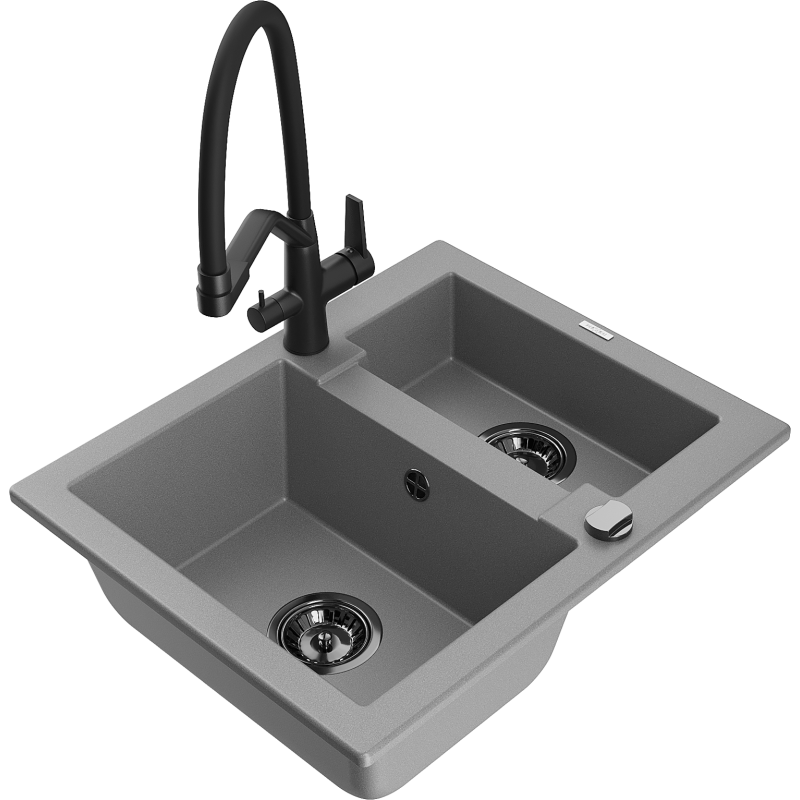 Mexen Carlos 1.5-compartment granite sink with a kitchen mixer tap Duo, grey - 6518-71-671701-70-B