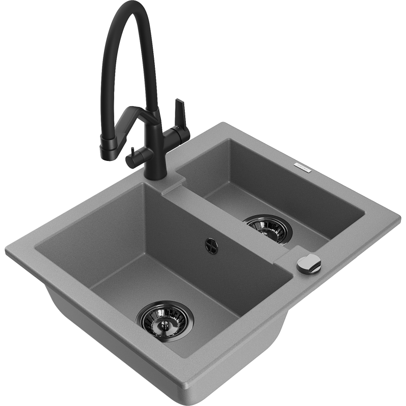 Mexen Carlos granite kitchen sink 1.5-bowl with Duo kitchen tap, grey - 6518-71-671701-70-B