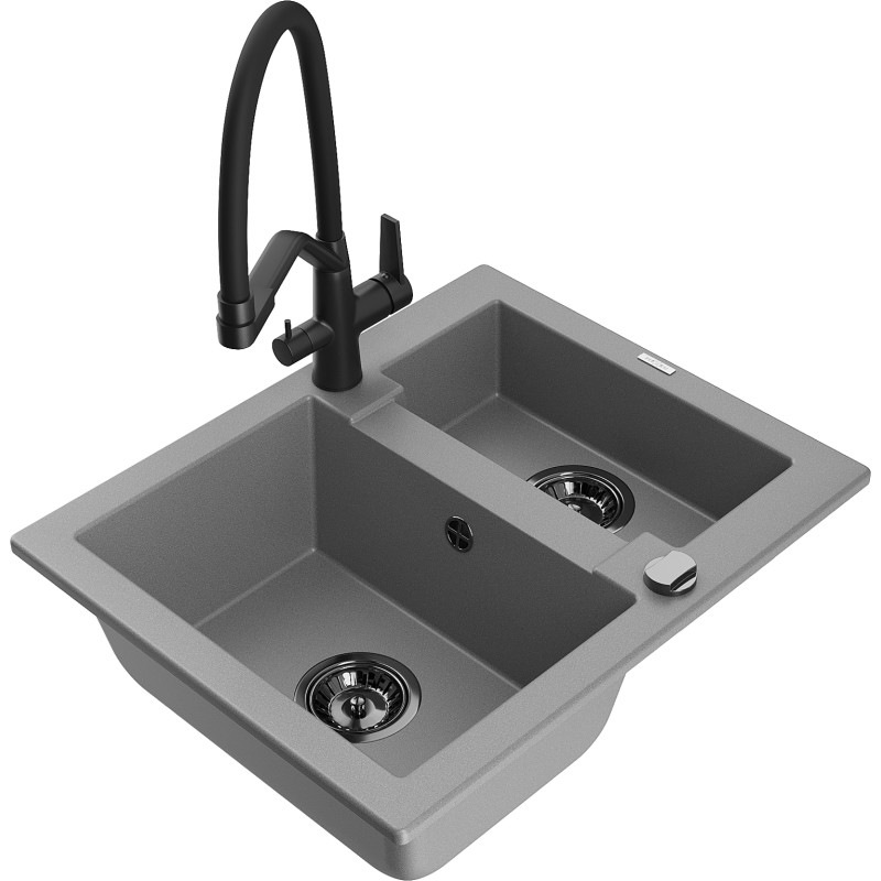 Mexen Carlos granite sink 1.5-bowl with Duo kitchen faucet, gray - 6518-71-671701-70-B