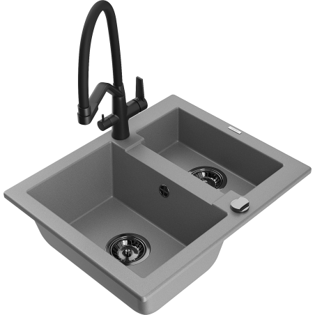 Mexen Carlos granite kitchen sink 1.5-bowl with Duo kitchen tap, grey - 6518-71-671701-70-B