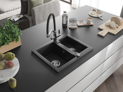 Mexen Carlos 1.5-bowl granite sink with Duo kitchen tap, black/silver metallic - 6518-73-671701-07
