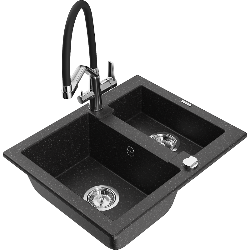 Mexen Carlos 1.5-compartment granite sink with a kitchen mixer tap Duo, Black/ silver metallic - 6518-73-671701-07