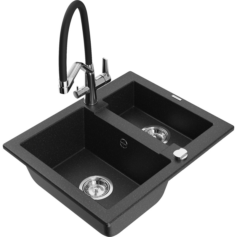 Mexen Carlos granite sink 1.5-bowl with Duo kitchen faucet, black/silver metallic - 6518-73-671701-07