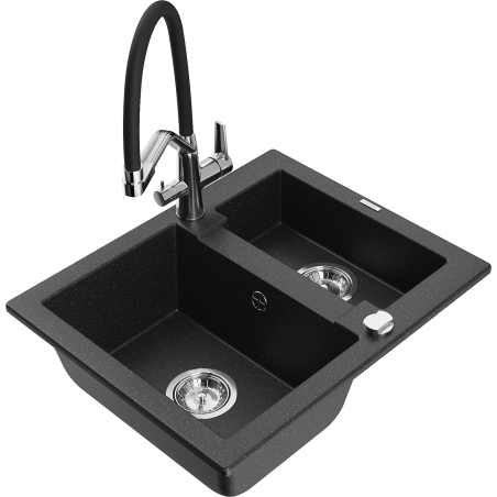 Mexen Carlos granite sink 1.5-bowl with Duo kitchen faucet, black/silver metallic - 6518-73-671701-07