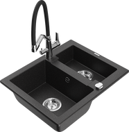 Mexen Carlos granite sink 1.5-bowl with Duo kitchen faucet, black/silver metallic - 6518-73-671701-07