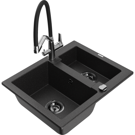 Mexen Carlos 1.5-compartment granite sink with a kitchen mixer tap Duo, Black/ silver metallic - 6518-73-671701-07-B