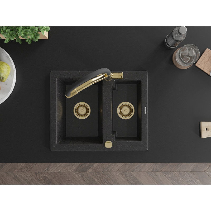 Mexen Carlos granite sink 1.5-bowl with Duo kitchen tap, black/silver metallic - 6518-73-671701-57-G