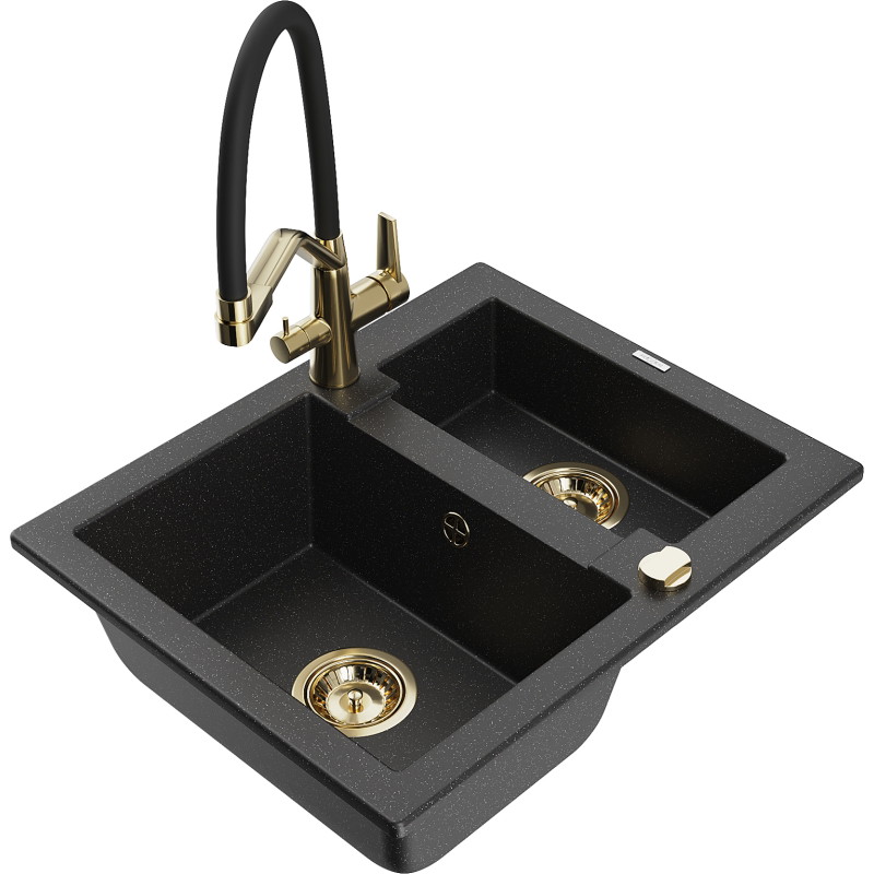 Mexen Carlos 1.5-Bowl Granite Sink with Duo Kitchen Faucet, Black/Silver Metallic - 6518-73-671701-57-G