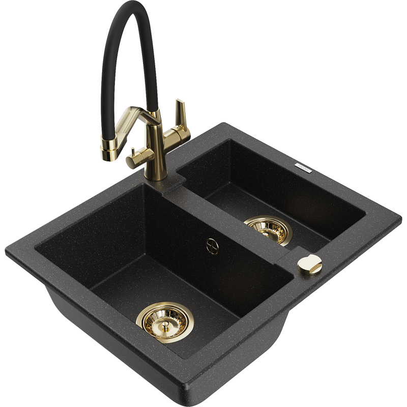 Mexen Carlos granite sink 1.5-bowl with Duo kitchen tap, black/silver metallic - 6518-73-671701-57-G