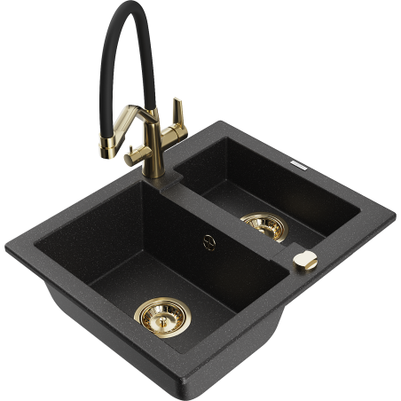 Mexen Carlos 1.5-compartment granite sink with a kitchen mixer tap Duo, Black/ silver metallic - 6518-73-671701-57-G
