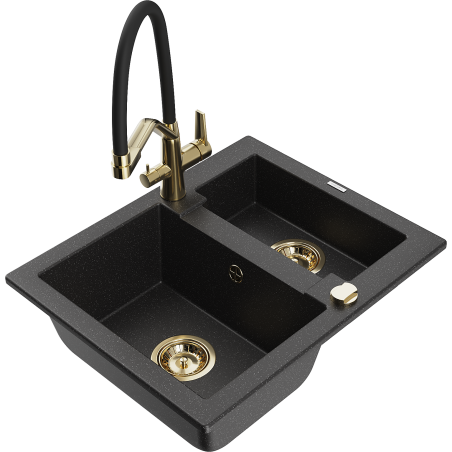 Mexen Carlos granite sink 1.5-bowl with Duo kitchen tap, black/silver metallic - 6518-73-671701-57-G