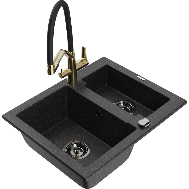 Mexen Carlos granite sink 1.5-bowl with Duo kitchen tap, black/silver metallic - 6518-73-671701-57-B