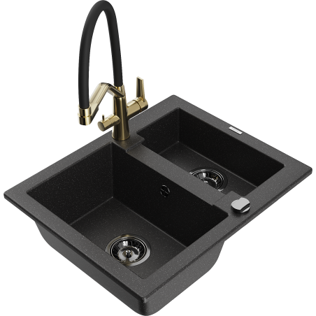 Mexen Carlos 1.5-bowl granite sink with Duo kitchen faucet, black/silver metallic - 6518-73-671701-57-B