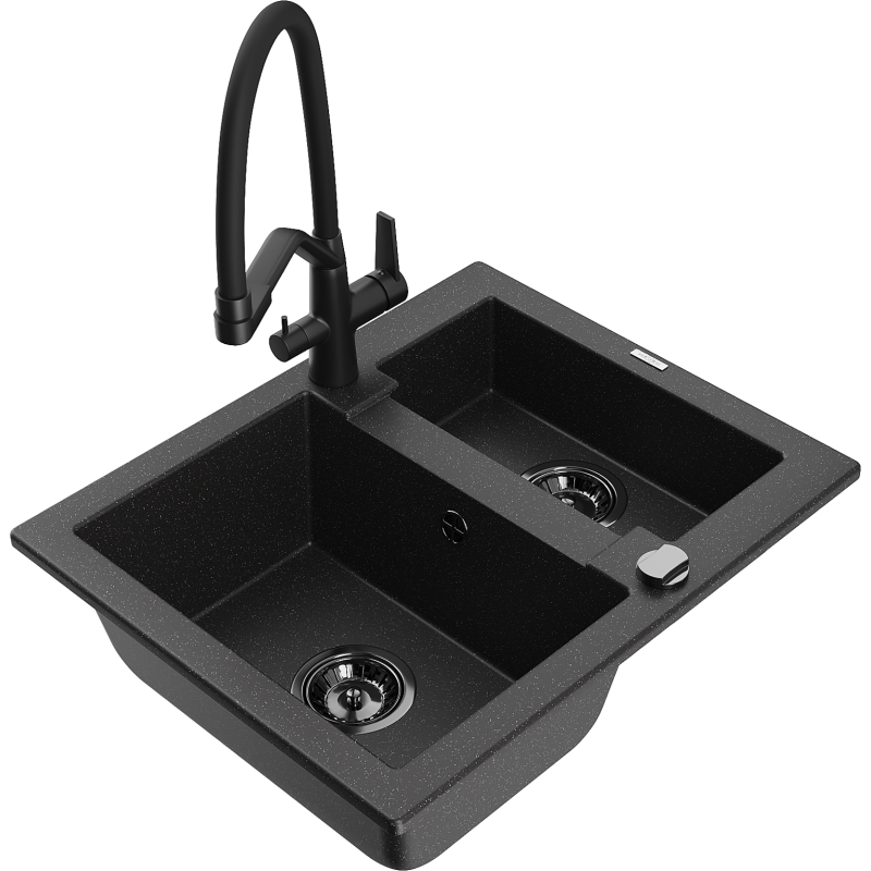 Mexen Carlos granite sink 1.5-bowl with Duo kitchen tap, black/silver metallic - 6518-73-671701-70-B