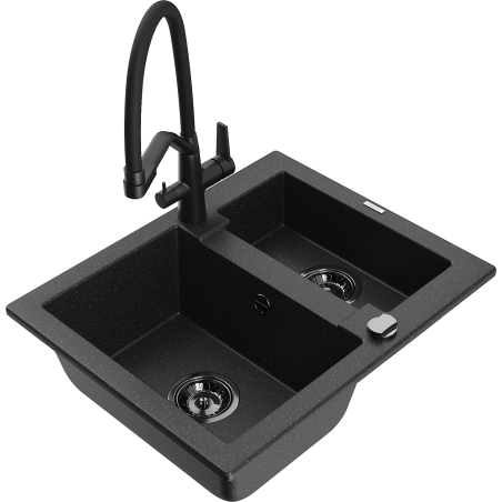 Mexen Carlos 1.5-bowl granite sink with Duo kitchen faucet, black/silver metallic - 6518-73-671701-70-B