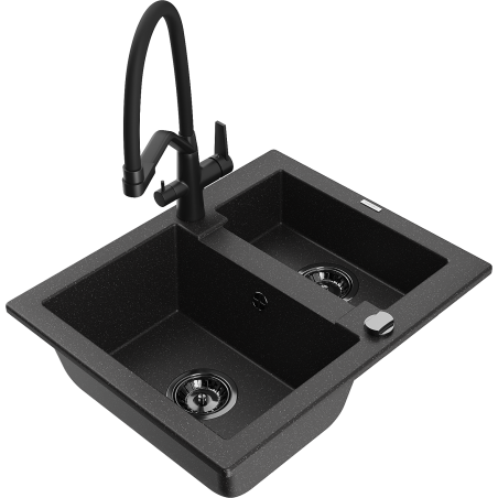Mexen Carlos granite sink 1.5-bowl with Duo kitchen tap, black/silver metallic - 6518-73-671701-70-B