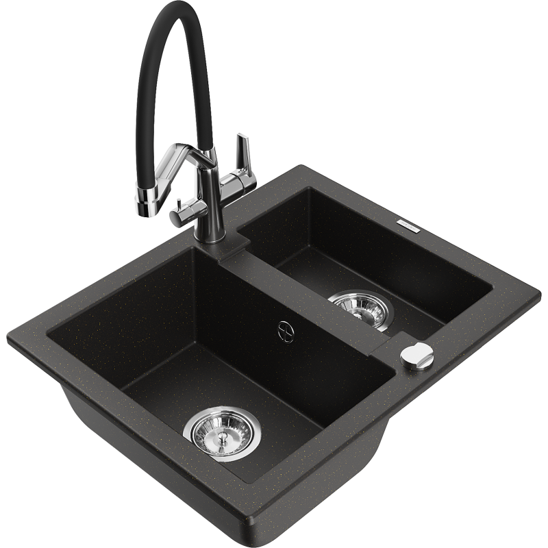 Mexen Carlos 1.5-bowl granite sink with Duo kitchen tap, black/gold metallic - 6518-75-671701-07