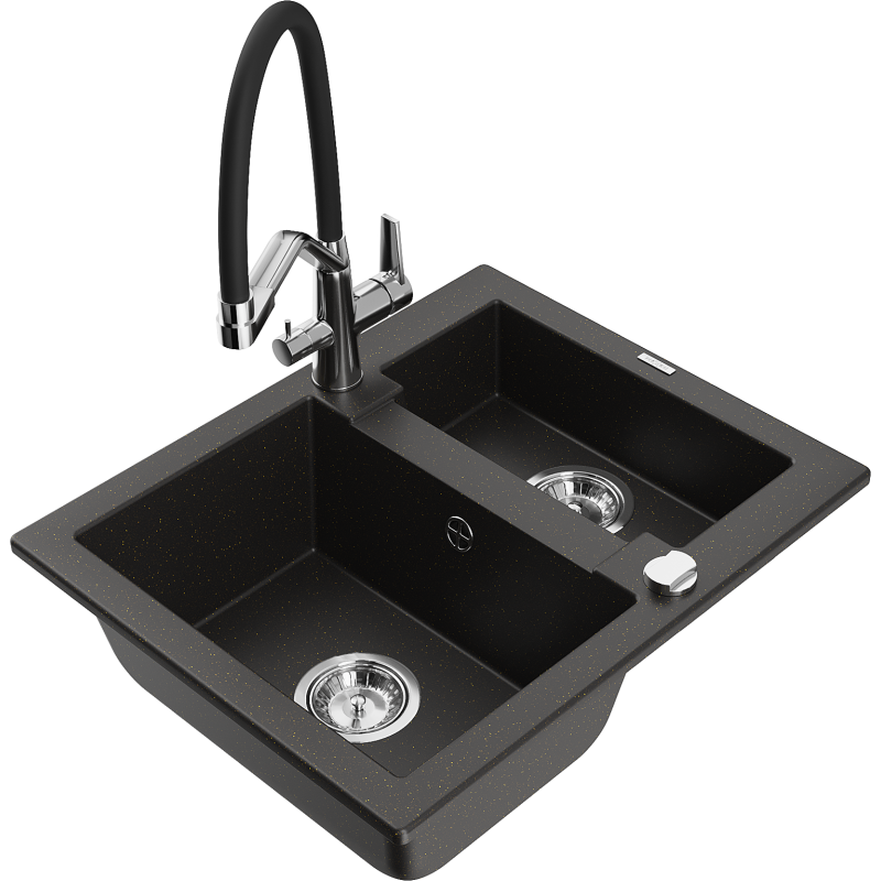 Mexen Carlos 1.5-compartment granite sink with a kitchen mixer tap Duo, Black/ gold metallic - 6518-75-671701-07