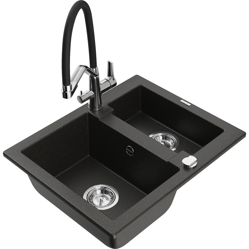 Mexen Carlos granite sink 1.5-bowl with Duo kitchen faucet, black/gold metallic - 6518-75-671701-07