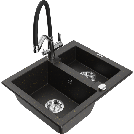 Mexen Carlos 1.5-bowl granite sink with Duo kitchen tap, black/gold metallic - 6518-75-671701-07