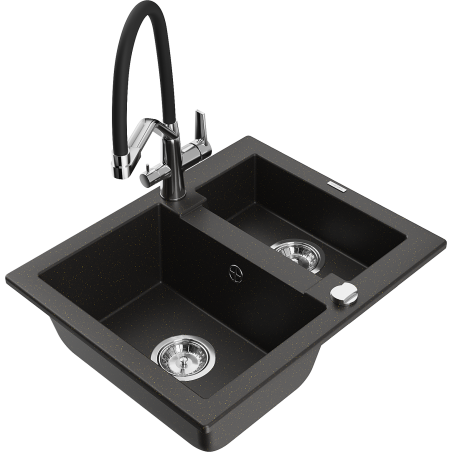 Mexen Carlos granite sink 1.5-bowl with Duo kitchen faucet, black/gold metallic - 6518-75-671701-07