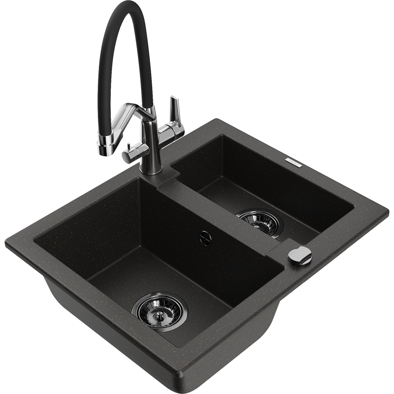 Mexen Carlos 1.5-compartment granite sink with a kitchen mixer tap Duo, Black/ gold metallic - 6518-75-671701-07-B