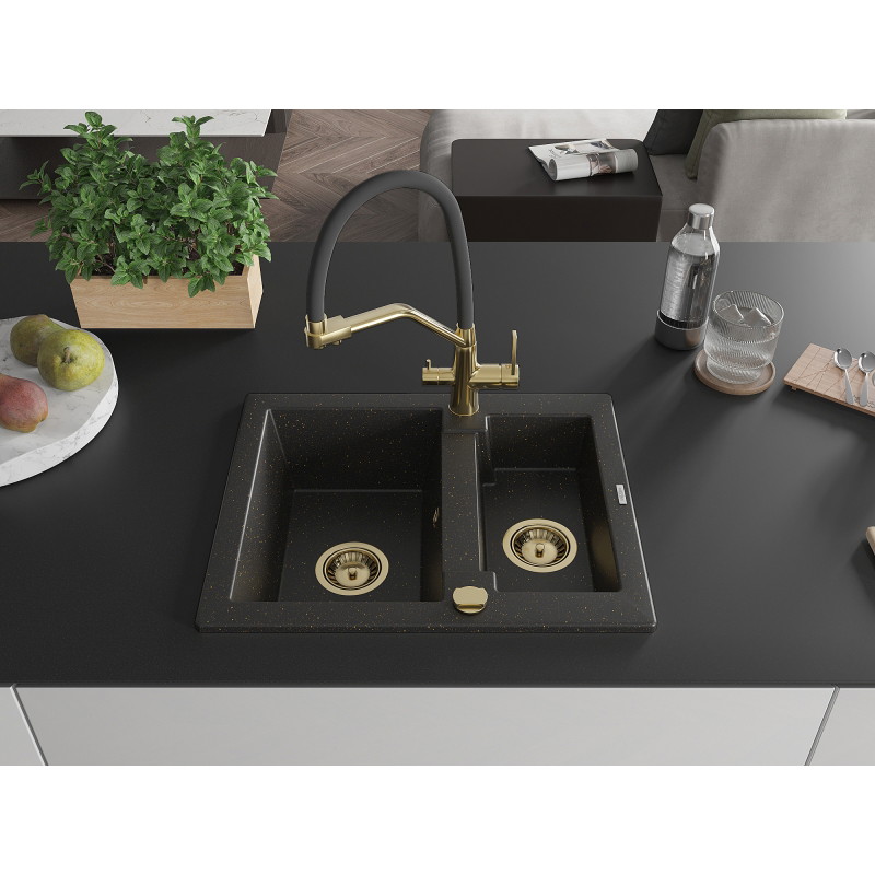 Mexen Carlos granite kitchen sink 1.5-bowl with Duo kitchen faucet, black/gold metallic - 6518-75-671701-57-G