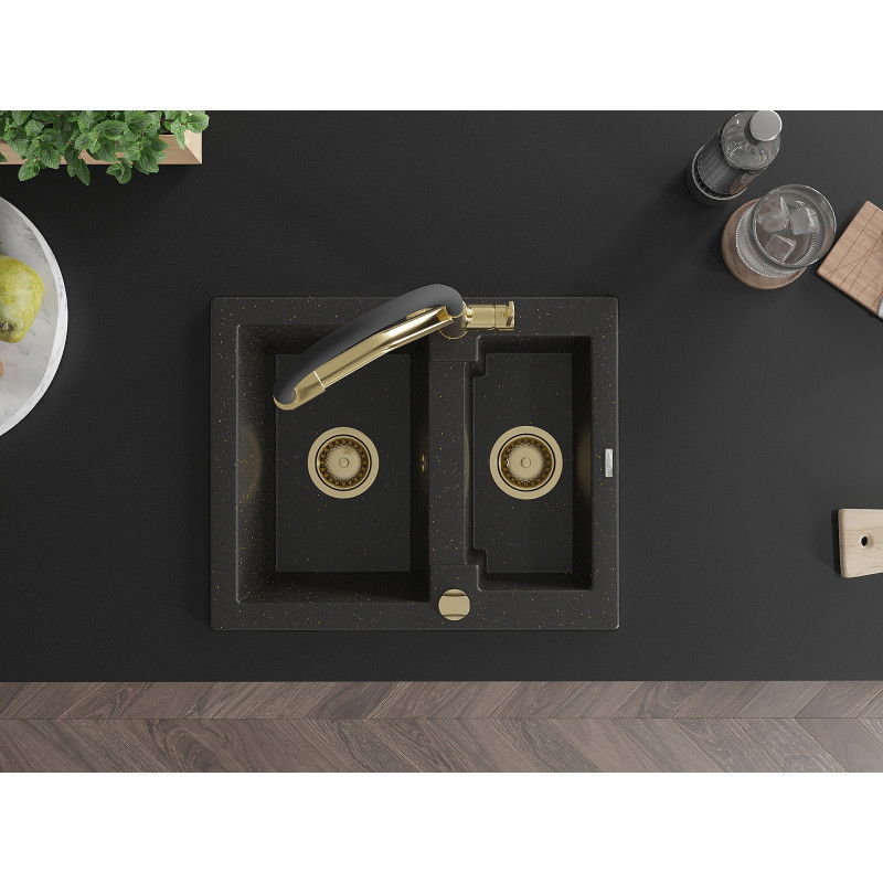 Mexen Carlos granite sink 1.5-chamber with Duo kitchen tap, black/golden metallic - 6518-75-671701-57-G