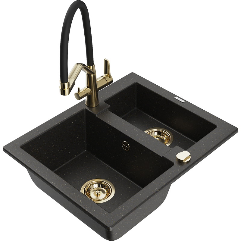 Mexen Carlos 1.5-bowl granite kitchen sink with Duo faucet, black/gold metallic - 6518-75-671701-57-G