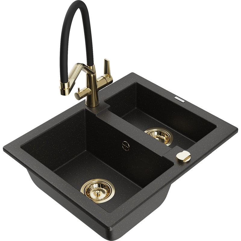 Mexen Carlos 1.5-compartment granite sink with a kitchen mixer tap Duo, Black/ gold metallic - 6518-75-671701-57-G
