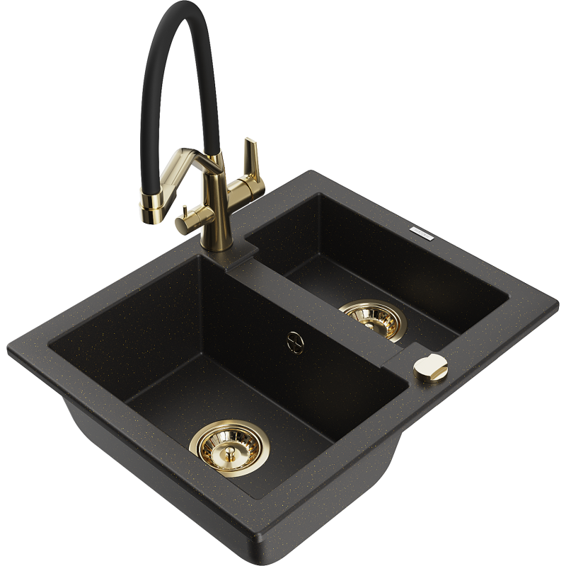 Mexen Carlos granite sink 1.5-chamber with Duo kitchen tap, black/golden metallic - 6518-75-671701-57-G