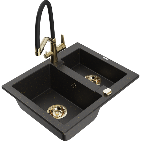 Mexen Carlos 1.5-bowl granite kitchen sink with Duo faucet, black/gold metallic - 6518-75-671701-57-G