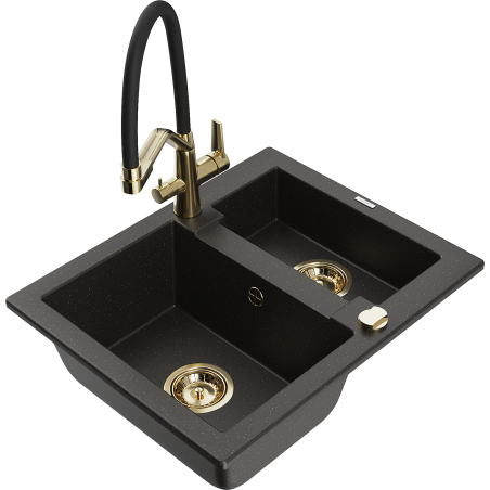 Mexen Carlos 1.5-compartment granite sink with a kitchen mixer tap Duo, Black/ gold metallic - 6518-75-671701-57-G