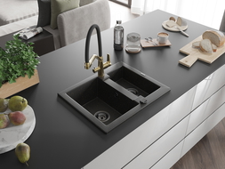 Mexen Carlos 1.5-compartment granite sink with a kitchen mixer tap Duo, Black/ gold metallic - 6518-75-671701-57-B
