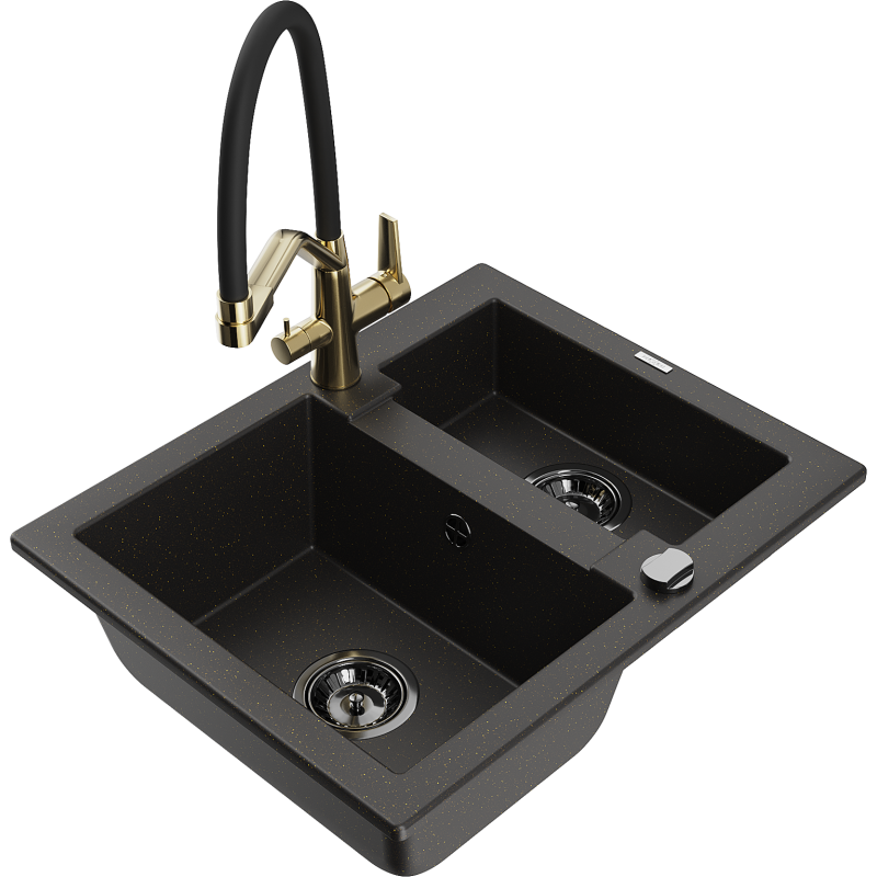 Mexen Carlos 1.5-bowl granite sink with Duo kitchen mixer, black/gold metallic - 6518-75-671701-57-B