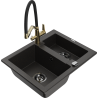 Mexen Carlos 1.5-bowl granite sink with Duo kitchen faucet, black/golden metallic - 6518-75-671701-57-B