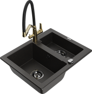 Mexen Carlos 1.5-bowl granite sink with Duo kitchen faucet, black/gold metallic - 6518-75-671701-57-B