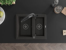 Mexen Carlos granite sink 1.5-bowl with Duo kitchen faucet, black/gold metallic - 6518-75-671701-70-B