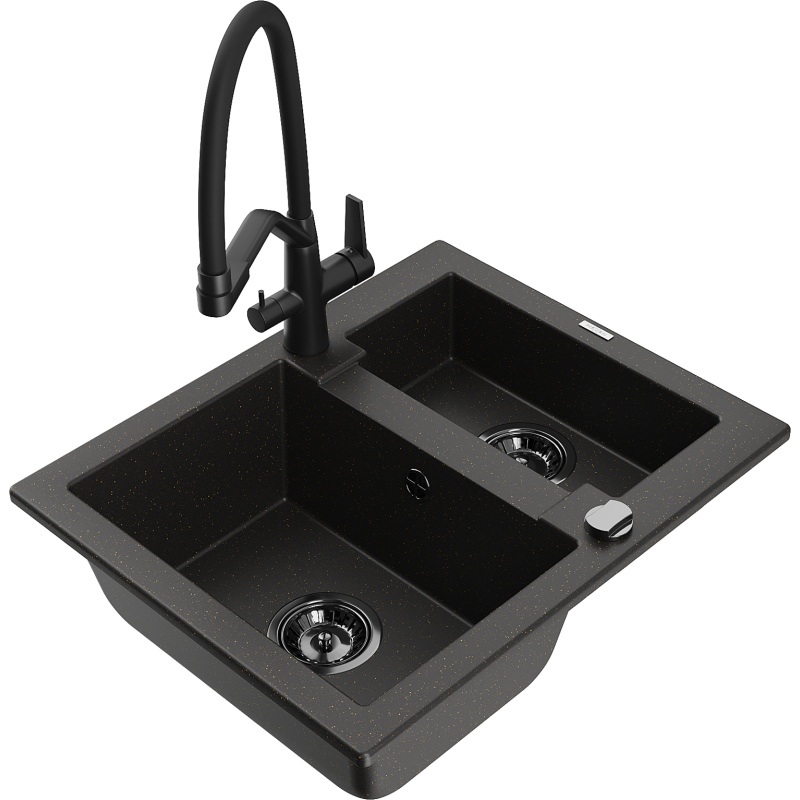 Mexen Carlos 1.5-bowl granite sink with Duo kitchen tap, black/gold metallic - 6518-75-671701-70-B