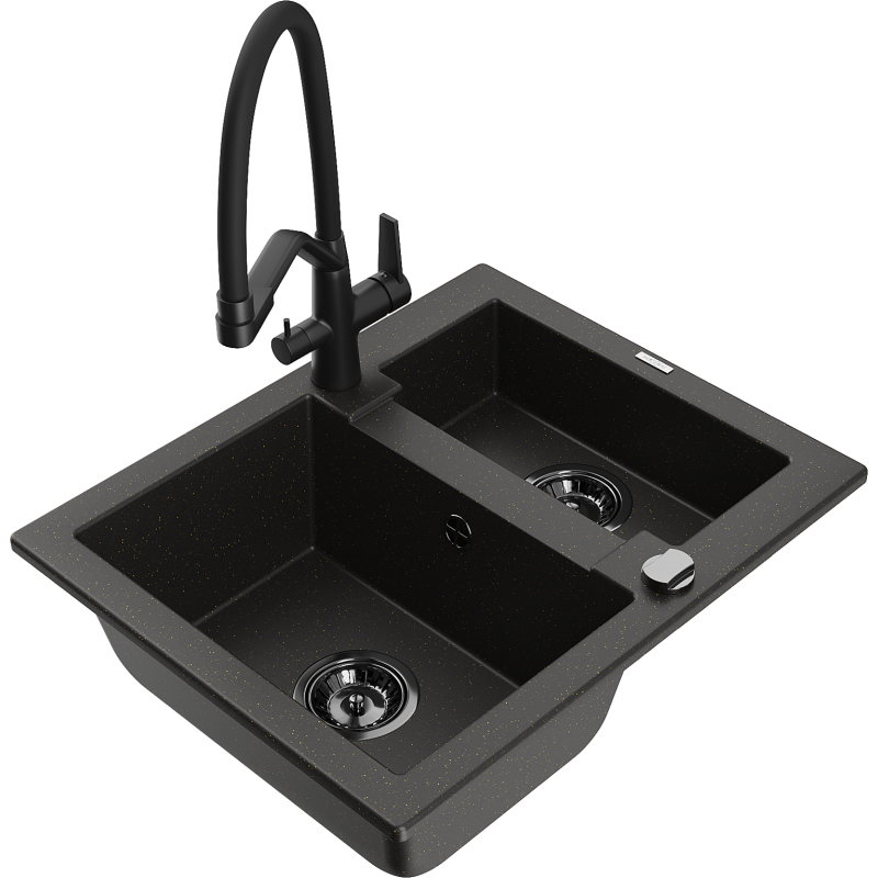 Mexen Carlos 1.5-compartment granite sink with a kitchen mixer tap Duo, Black/ gold metallic - 6518-75-671701-70-B