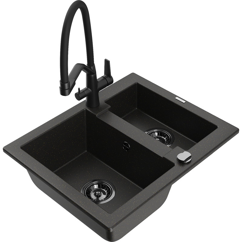 Mexen Carlos granite kitchen sink 1.5-bowl with Duo kitchen faucet, black/gold metallic - 6518-75-671701-70-B