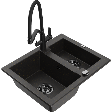 Mexen Carlos 1.5-bowl granite sink with Duo kitchen tap, black/gold metallic - 6518-75-671701-70-B